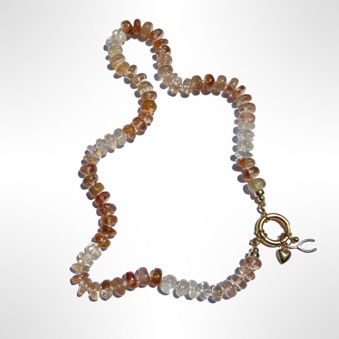 Imperial topaz hand knotted necklace white silk gold filled heart wishbone charm