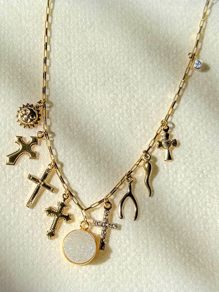 Gold Filled Druzy Crystal Charm Necklace with White Topaz Accent - 18" Elongated Box Chain | Shop Lucky Charms
