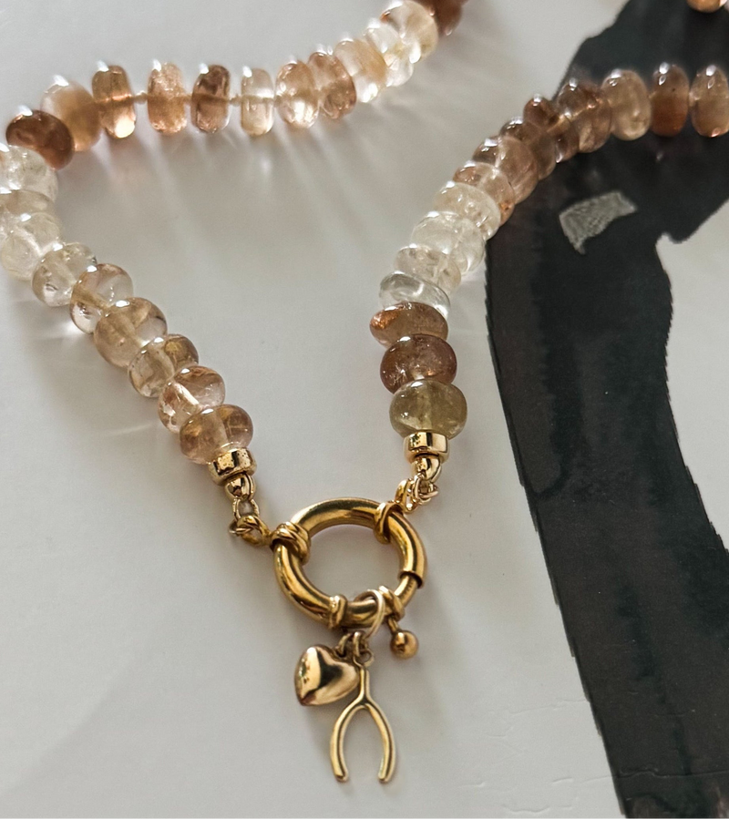 Gold filled puffy heart wishbone charm detail imperial topaz necklace