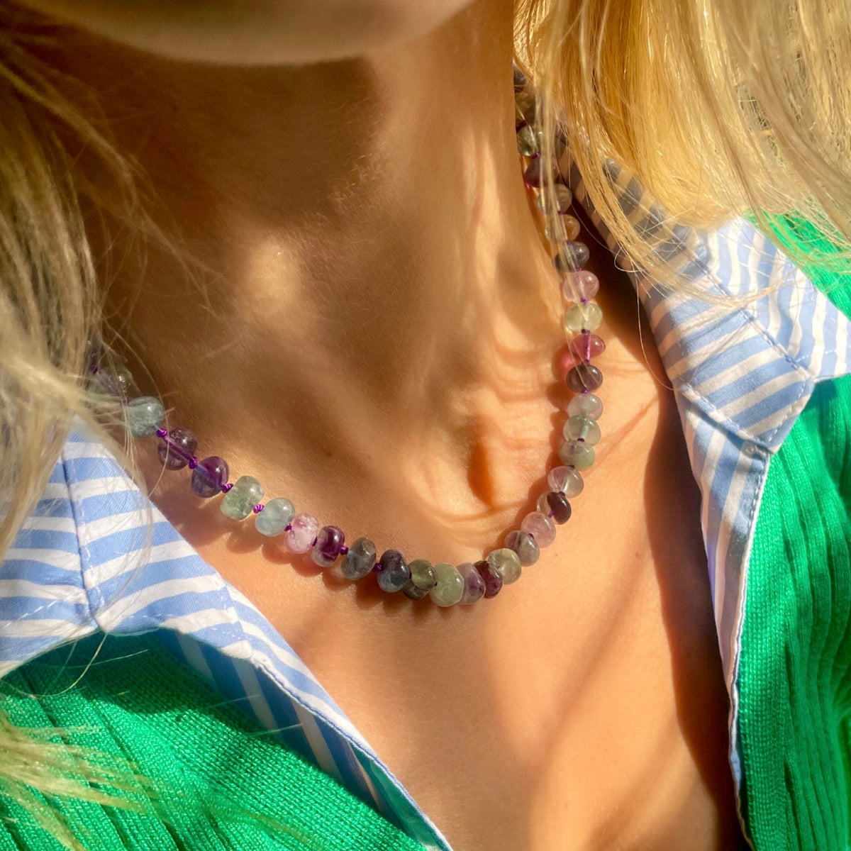 Fluorite stone knotted necklace